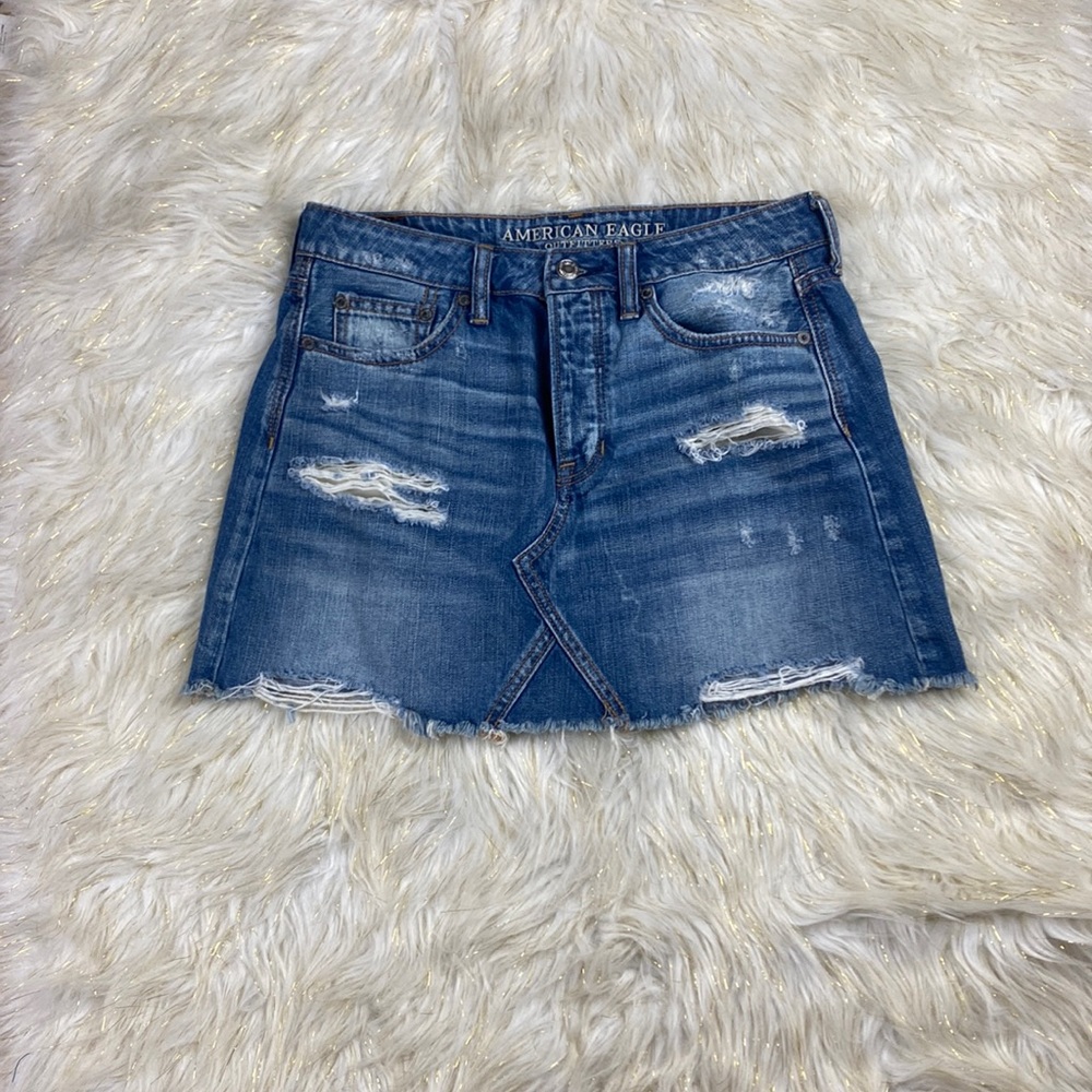 Aeo Denim Jean Distressed Mini Summer Frayed Hemline Skirt Size 4